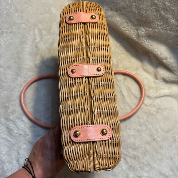 NEW Banana Republic Woven Bag Tan Rattan Pale Pink Leather Gold-Tone Hardware - Picture 13 of 16
